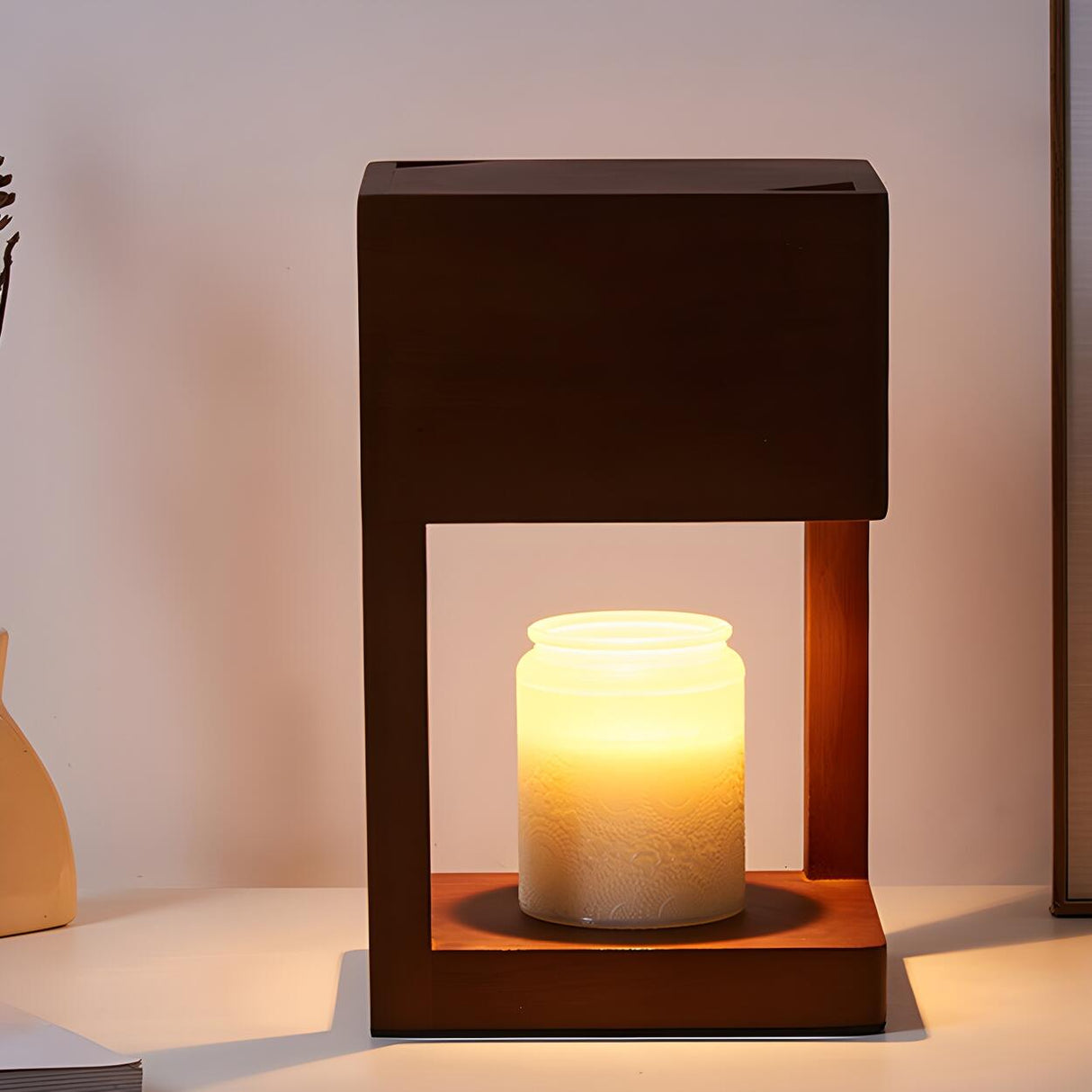 Bedroom Minimalist Wooden Rectangle Candle Table Lamp Image - 12