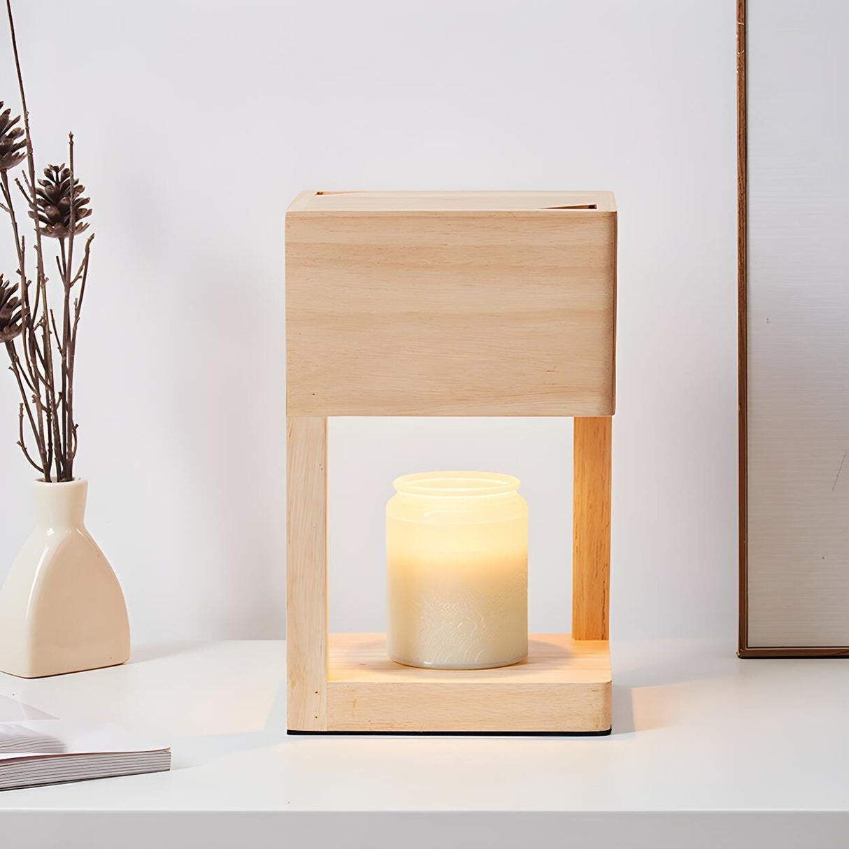 Bedroom Minimalist Wooden Rectangle Candle Table Lamp Image - 3