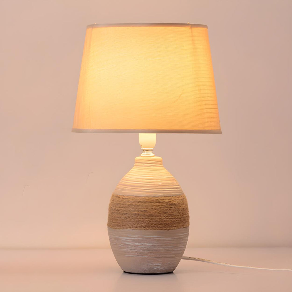 Bedroom Modern Fabric Geometric Ceramic Base Table Lamp Image - 7