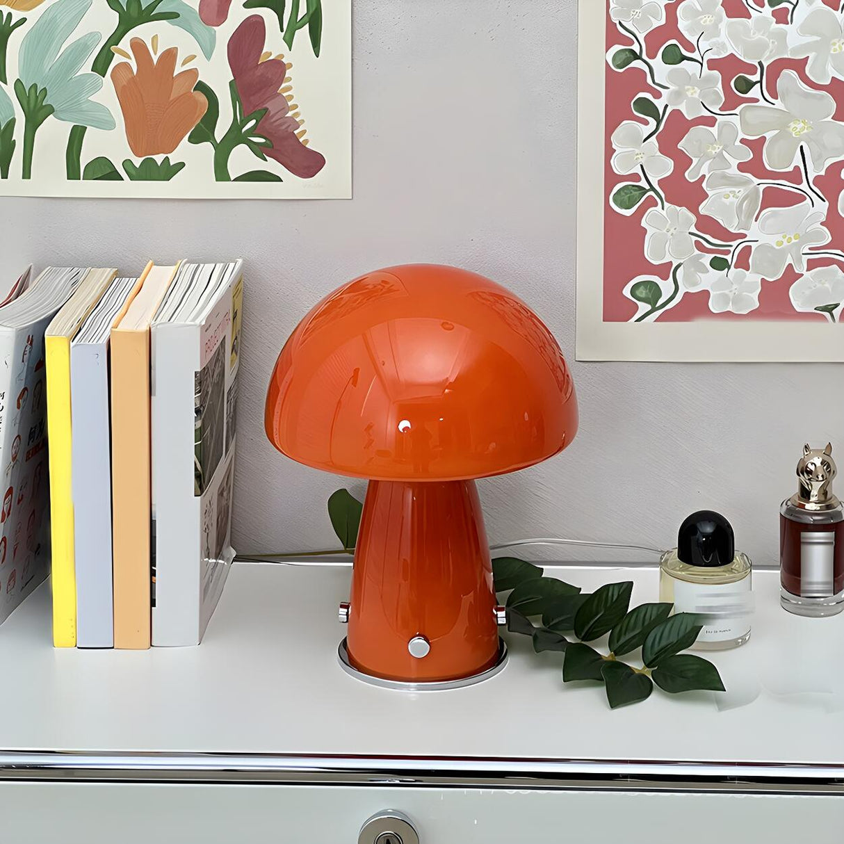 Bedroom Modern Orange Mushroom Shape Glass Table Lamp Image - 2