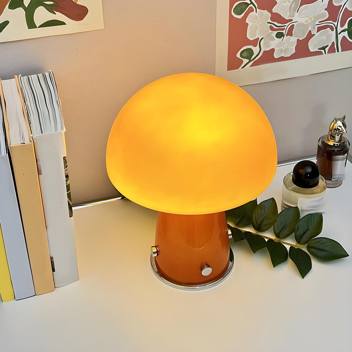 Bedroom Modern Orange Mushroom Shape Glass Table Lamp Image - 3