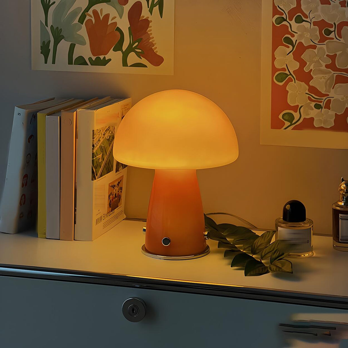 Bedroom Modern Orange Mushroom Shape Glass Table Lamp Image - 4