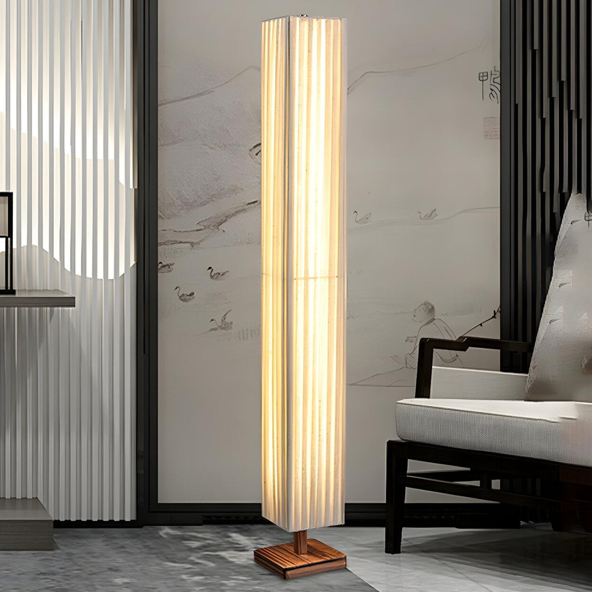 Bedroom Modern Rectangular Column Wood Floor Lamp Image - 12