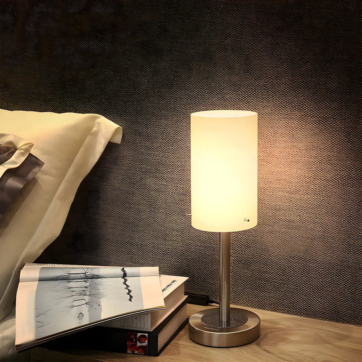 Bedroom Modern White Glass Cylindrical Metal Table Lamp Image - 1