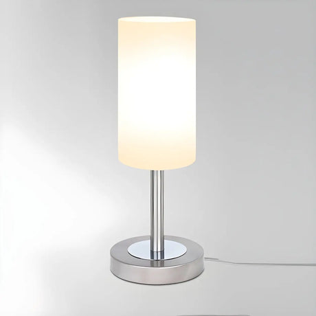 Bedroom Modern White Glass Cylindrical Metal Table Lamp Image - 2