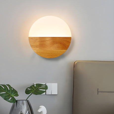 Bedroom Modern Wood and Acrylic Round Wall Sconce Image - 1