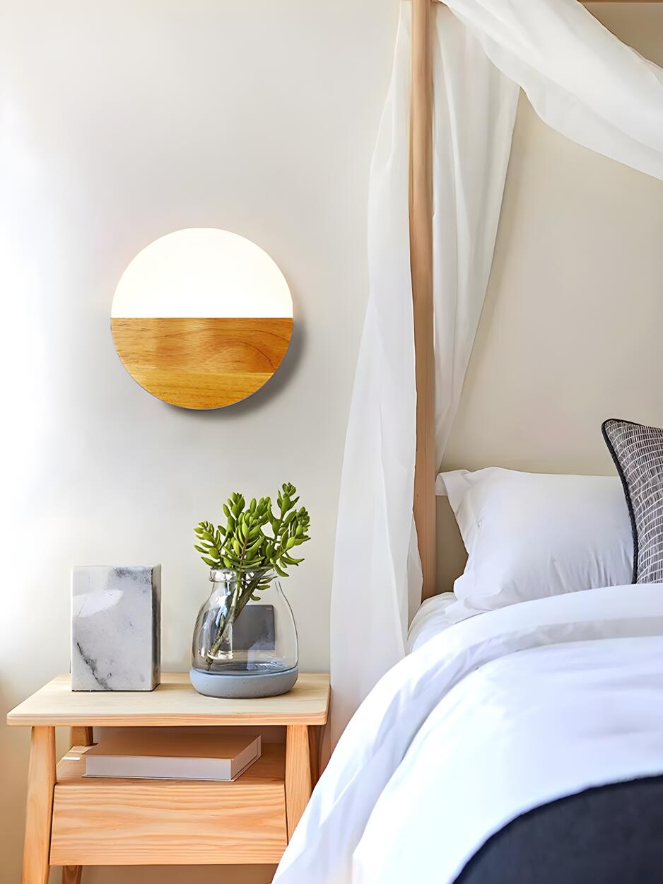 Bedroom Modern Wood and Acrylic Round Wall Sconce Image - 16