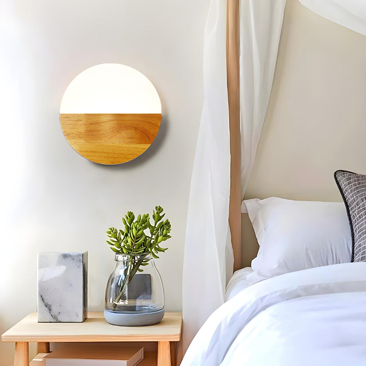 Bedroom Modern Wood and Acrylic Round Wall Sconce Image - 4