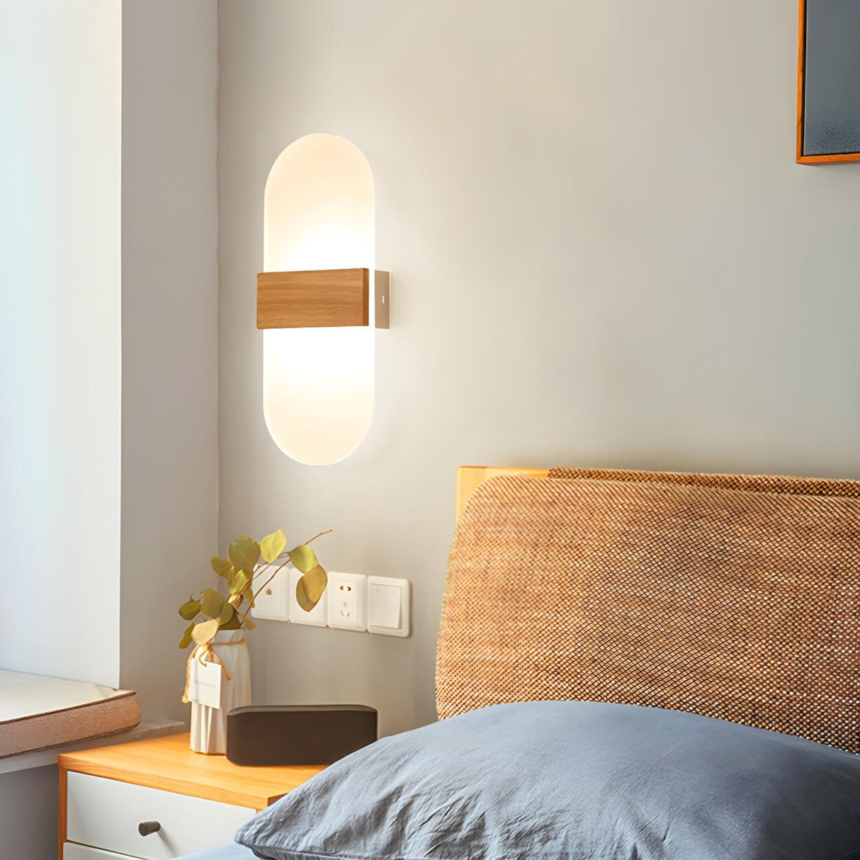 Bedroom Modern Wood and Acrylic Round Wall Sconce Image - 6