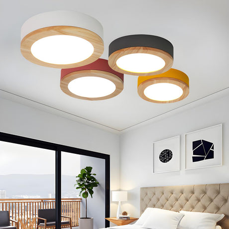 Bedroom Multi-Colored Wood Drum LED Flush Mount Light Image - 1