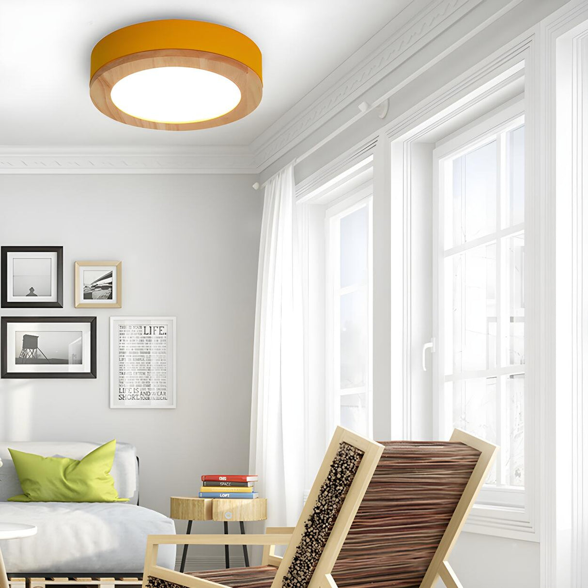 Bedroom Multi-Colored Wood Drum LED Flush Mount Light Image - 10