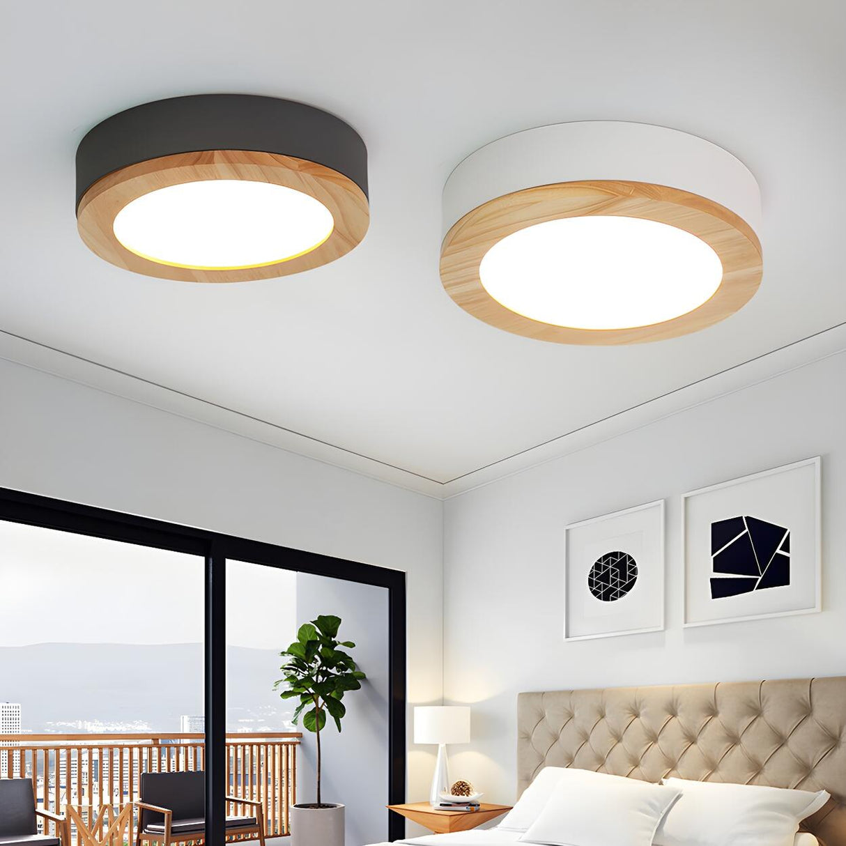 Bedroom Multi-Colored Wood Drum LED Flush Mount Light Image - 2