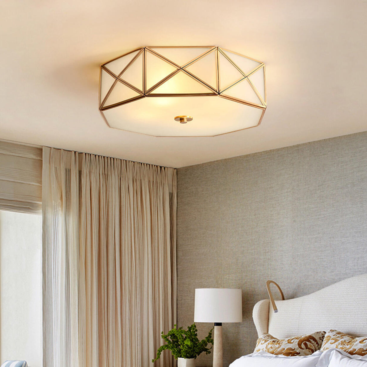 Bedroom Octagon Drum Gold Glass Flush Mount Light Image - 1