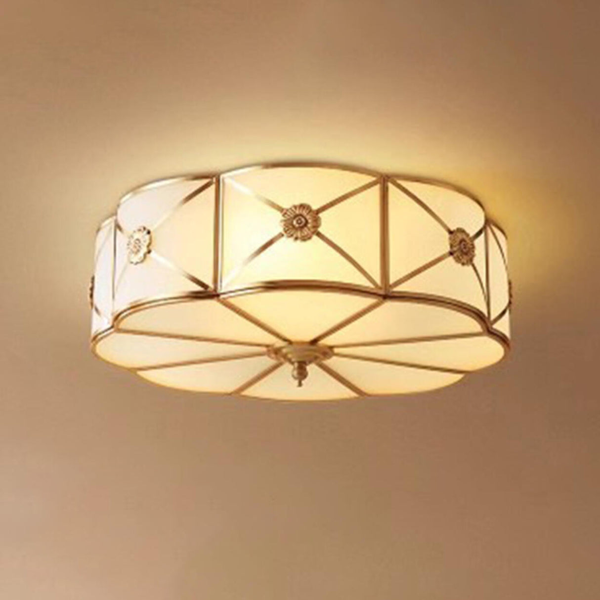 Bedroom Octagon Drum Gold Glass Flush Mount Light Image - 10