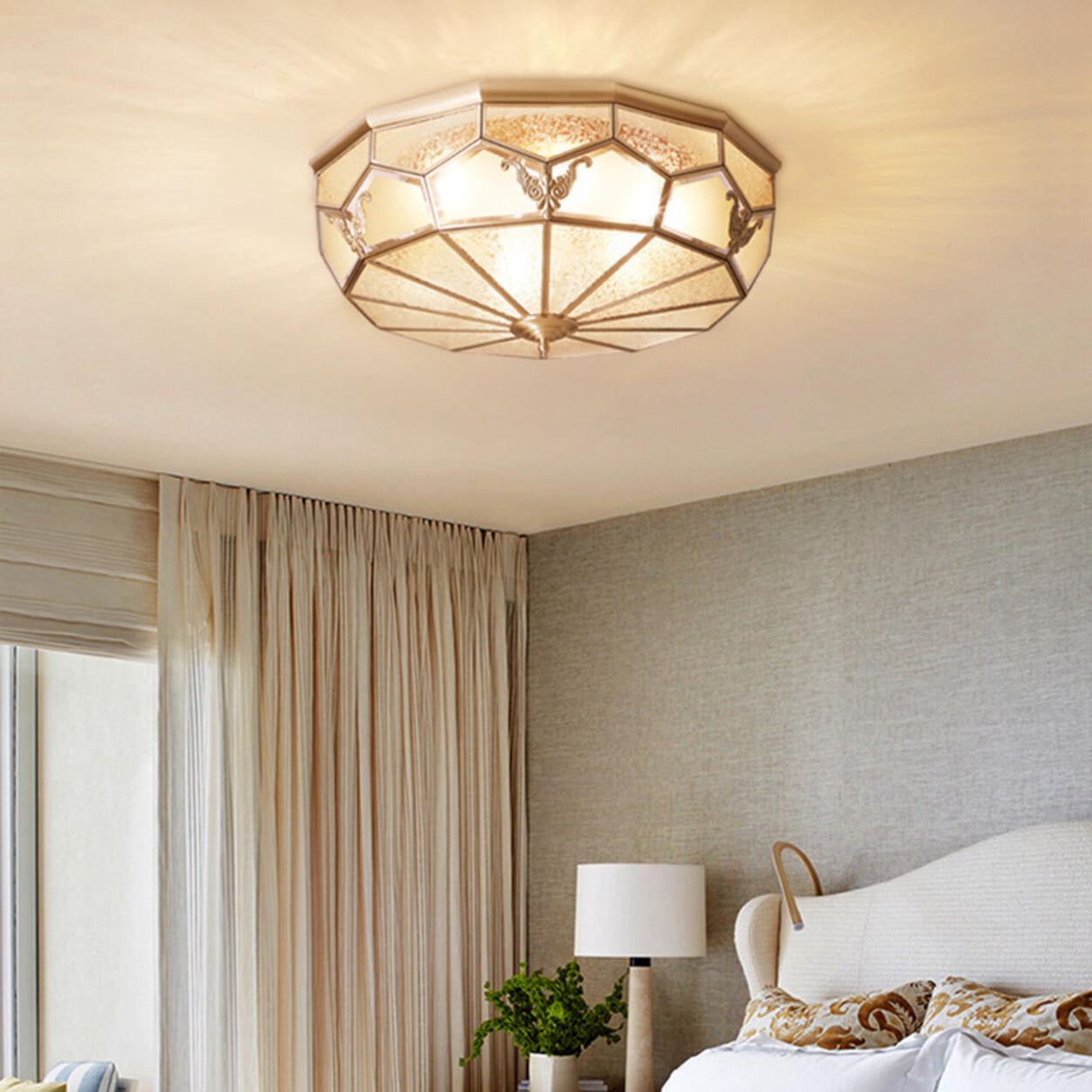 Bedroom Octagon Drum Gold Glass Flush Mount Light Image - 18