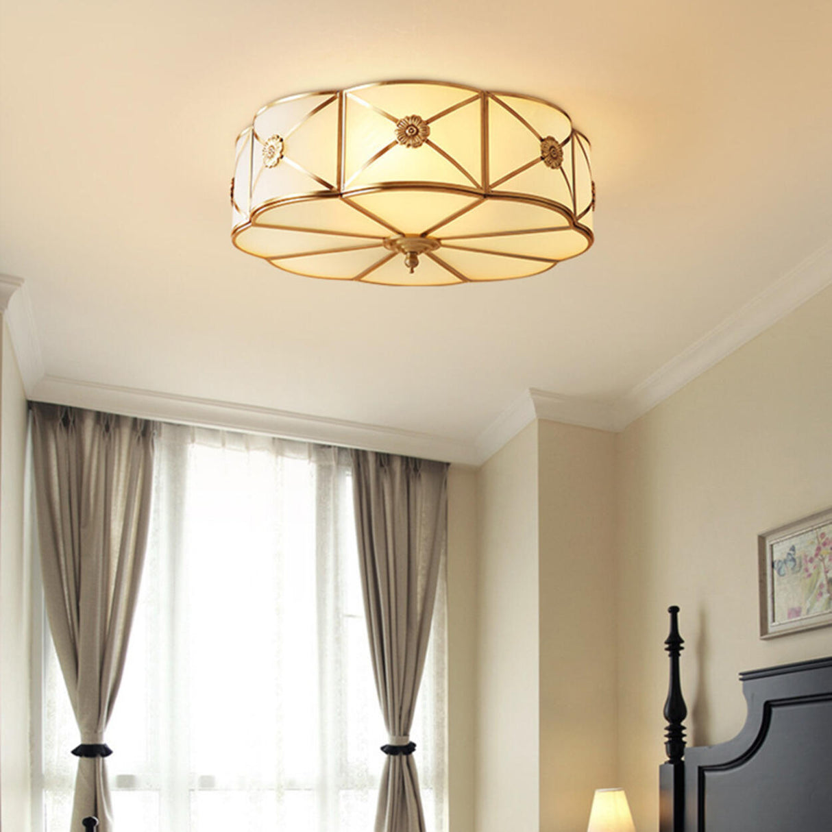 Bedroom Octagon Drum Gold Glass Flush Mount Light Image - 21