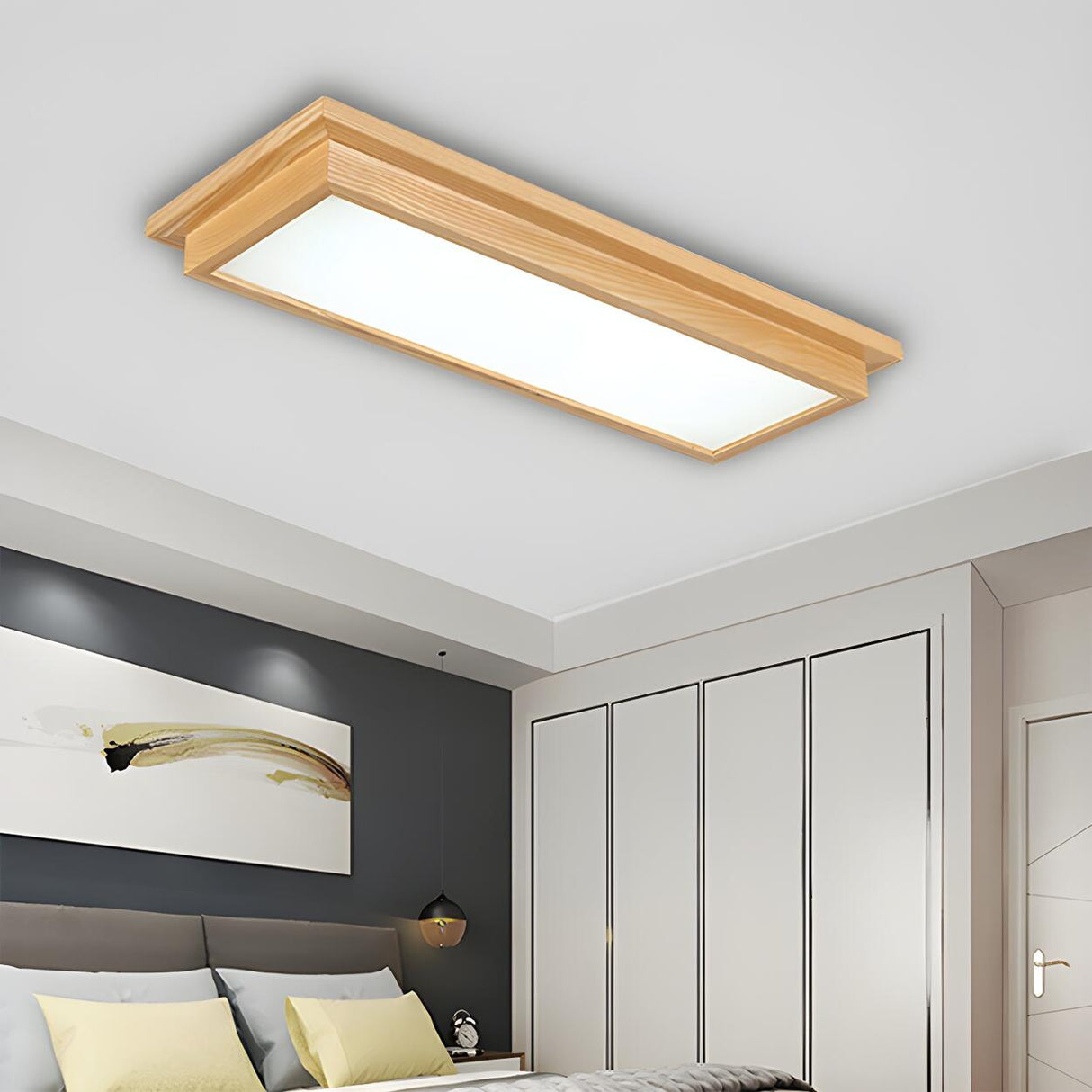 Bedroom Oriental Wooden Rectangle LED Flush Mount Light Image - 2