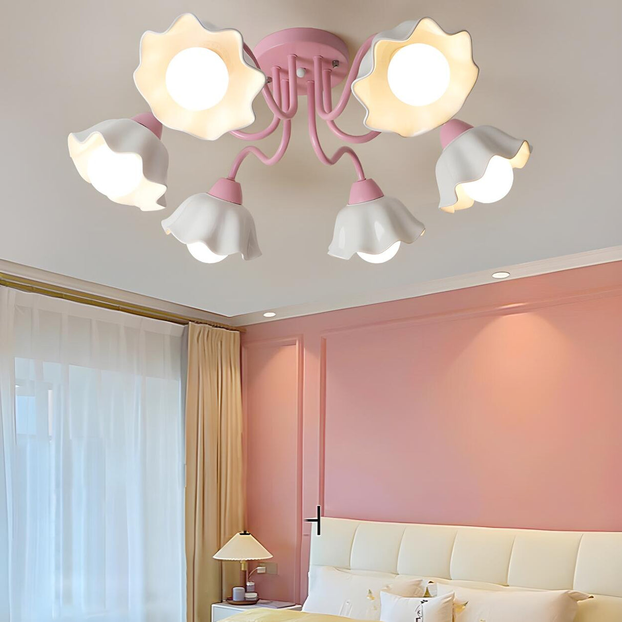 Bedroom Pink Flower Semi-Flush Mount Light 6-Light Image - 1