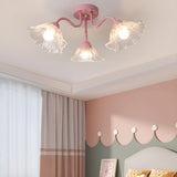 Bedroom Pink Flower Semi-Flush Mount Light 6-Light Image - 4