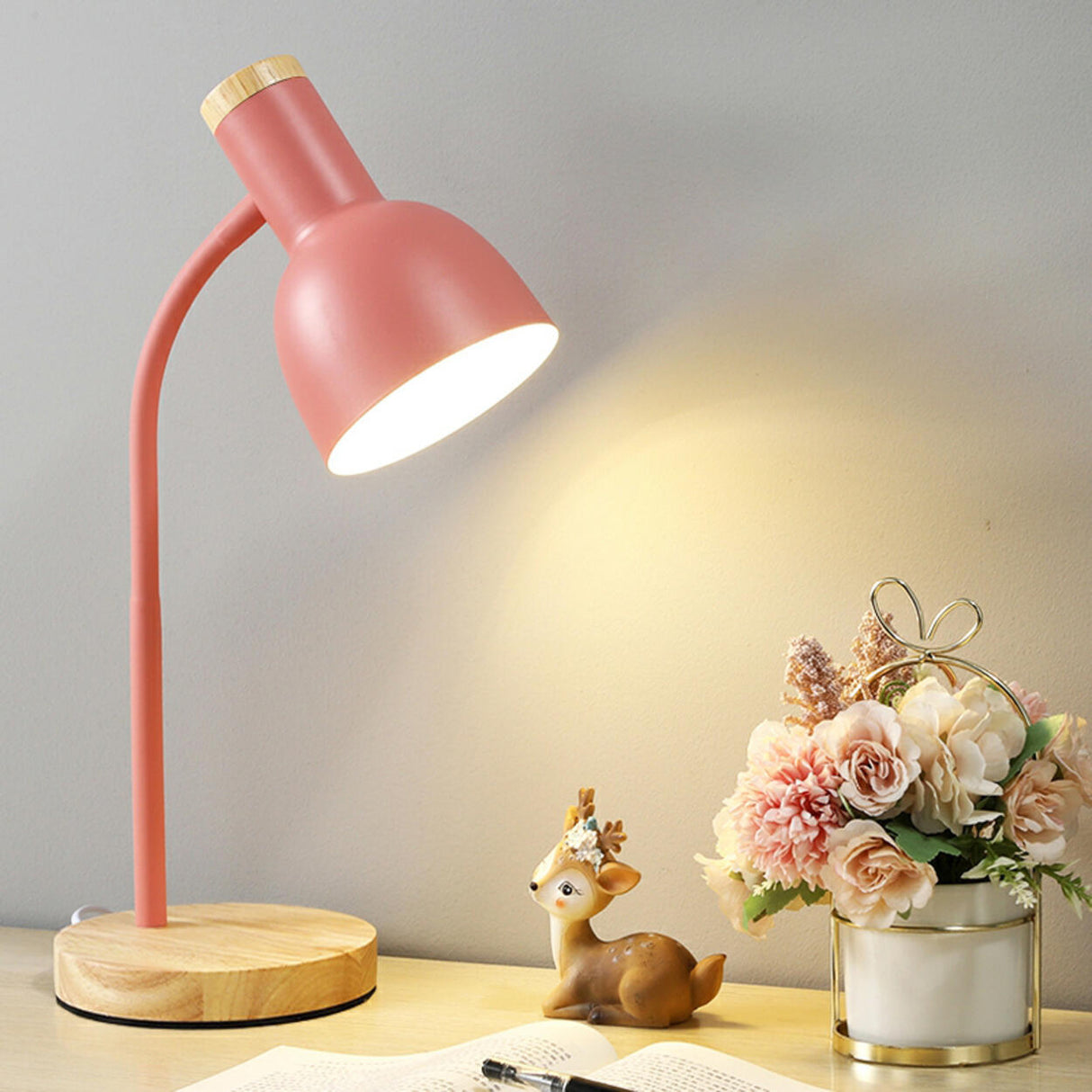 Bedroom Pink Metal Bell Shade Wood Base Table Lamp Image - 1