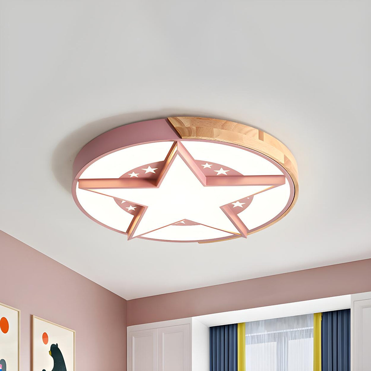 Bedroom Pink Star Round Wood Flush Mount Ceiling Light Image - 2