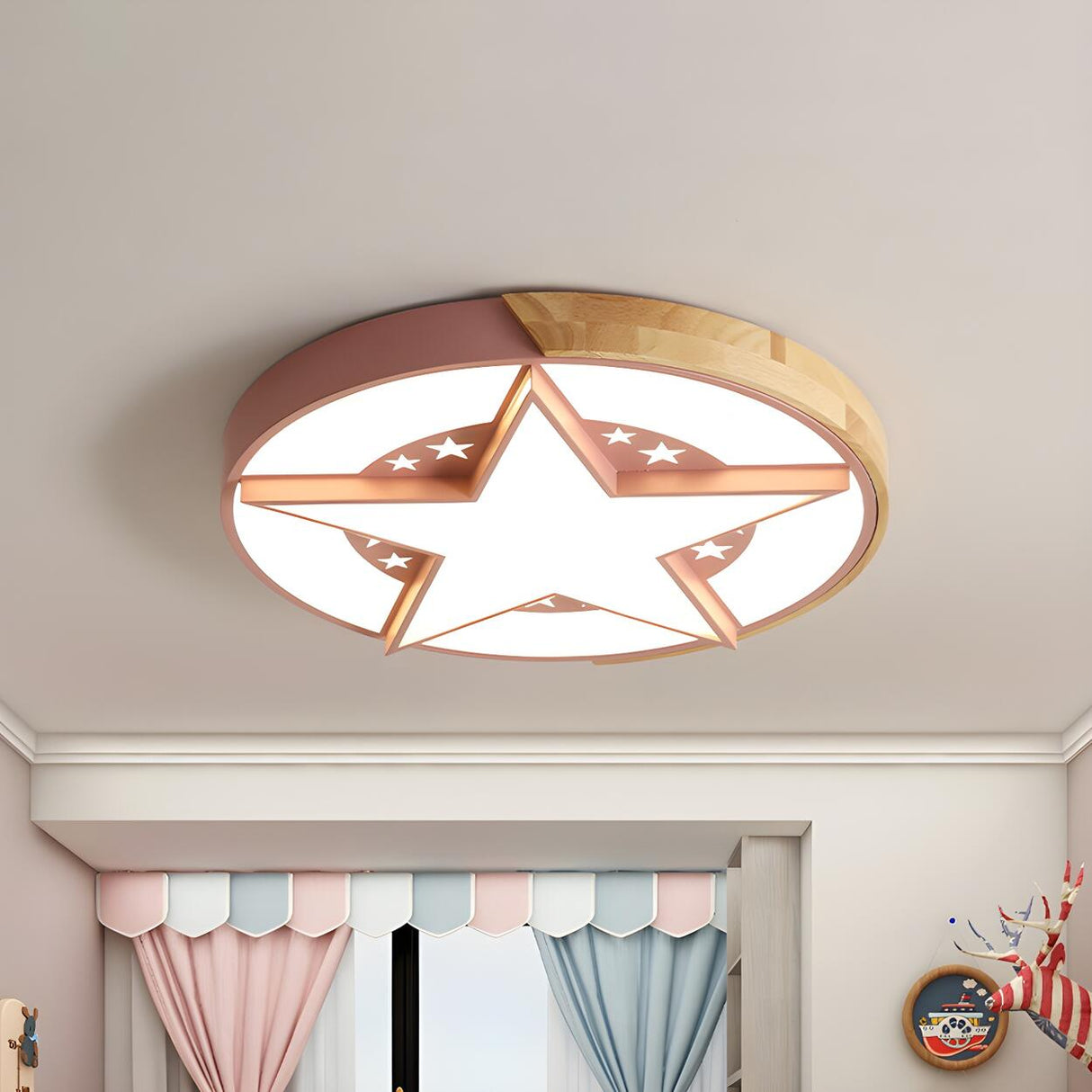 Bedroom Pink Star Round Wood Flush Mount Ceiling Light Image - 3