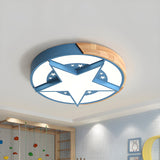 Bedroom Pink Star Round Wood Flush Mount Ceiling Light Image - 7