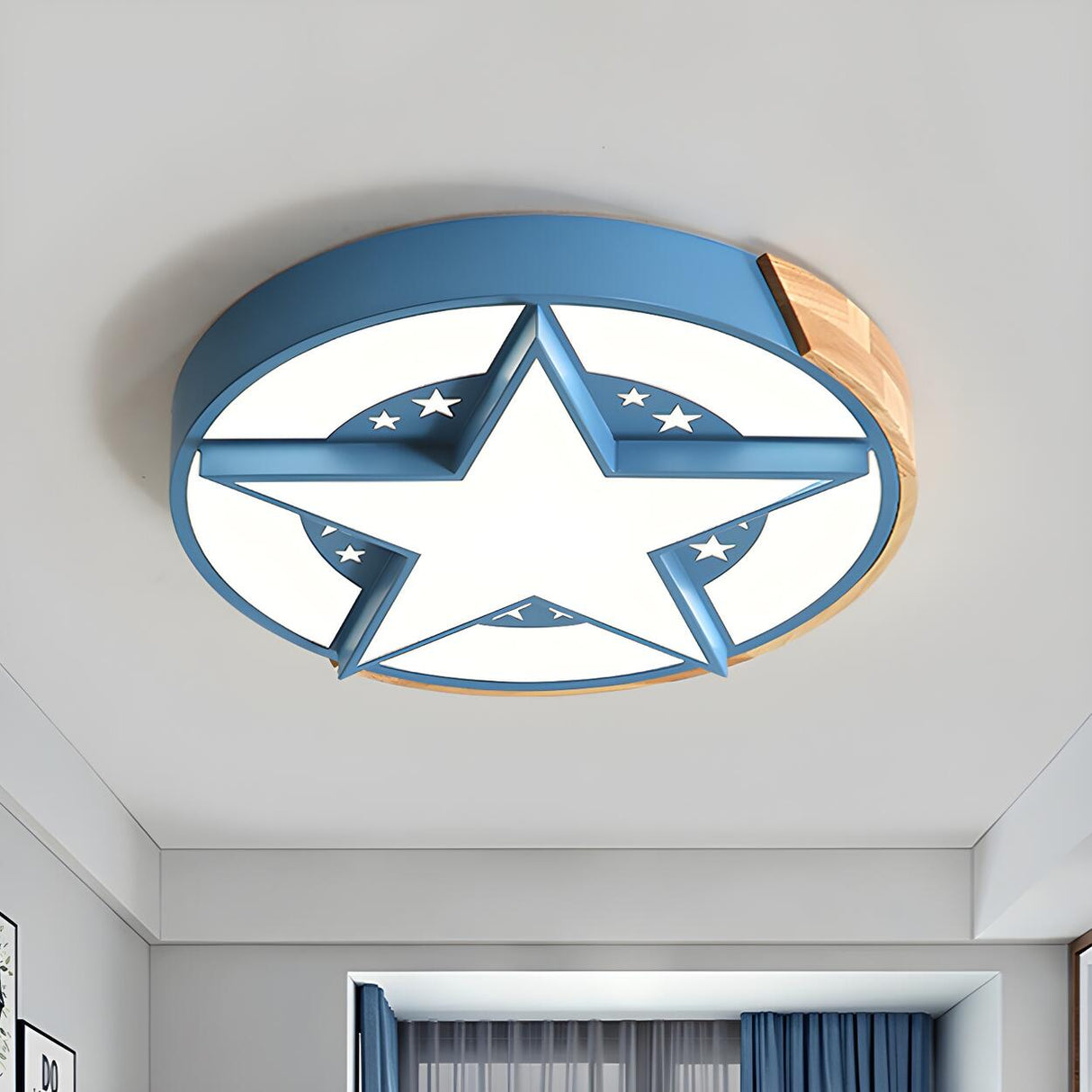 Bedroom Pink Star Round Wood Flush Mount Ceiling Light Image - 8