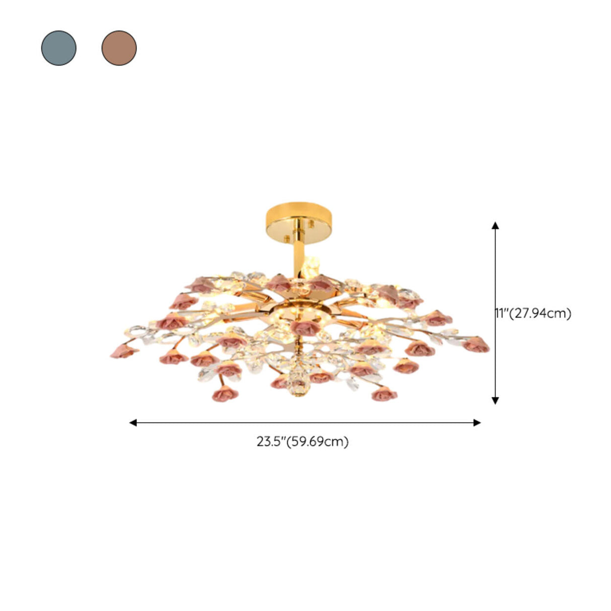 Bedroom Red Floral Crystal Semi-Flush Mount Light 