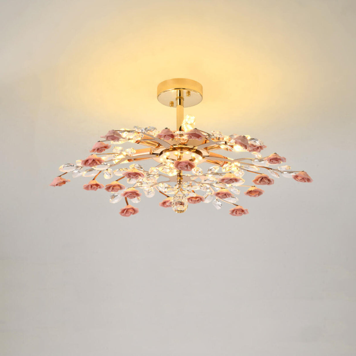 Bedroom Red Floral Crystal Semi-Flush Mount Light Image - 2