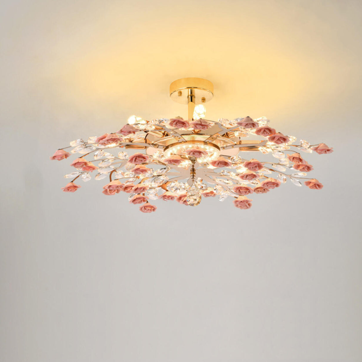 Bedroom Red Floral Crystal Semi-Flush Mount Light Image - 5