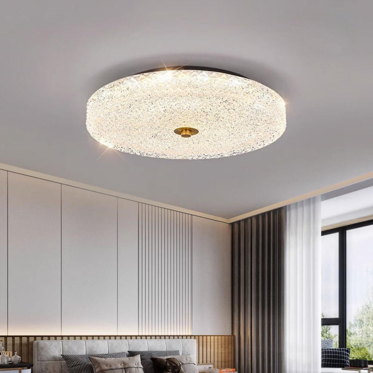 Bedroom Round Brass Glass LED Flush Mount Ceiling Light Image - 4