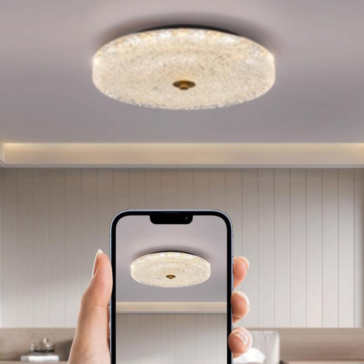 Bedroom Round Brass Glass LED Flush Mount Ceiling Light Image - 5