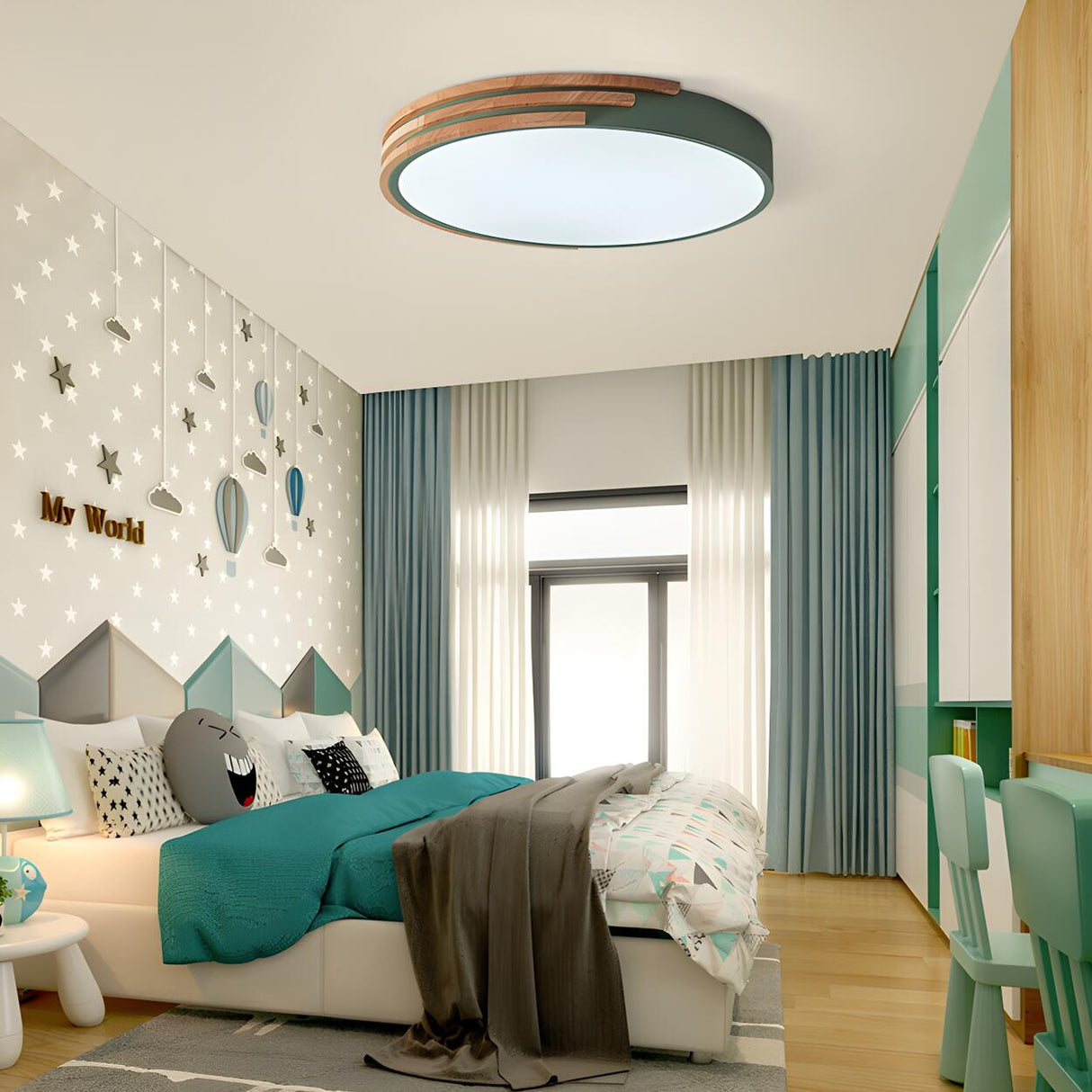 Bedroom Round Wood Small LED Flush Mount Ceiling Light Image - 6