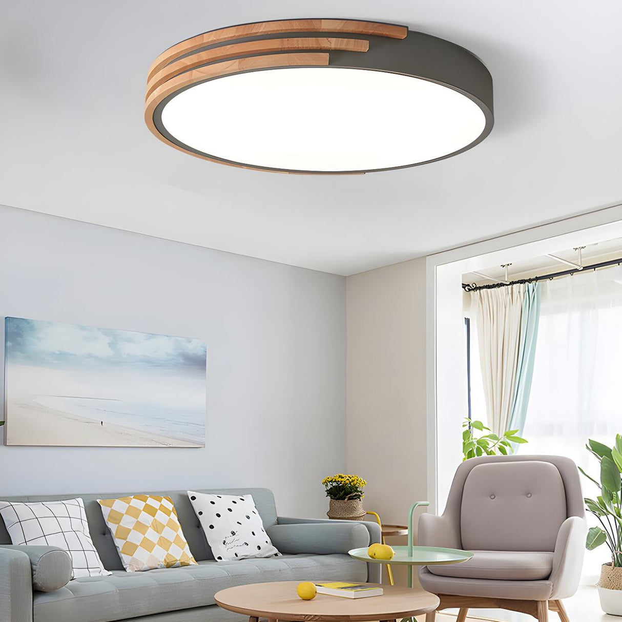 Bedroom Round Wood Small LED Flush Mount Ceiling Light Image - 8