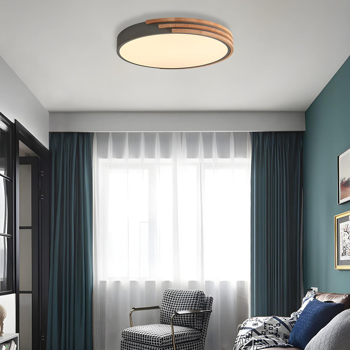 Bedroom Round Wood Small LED Flush Mount Ceiling Light Image - 9