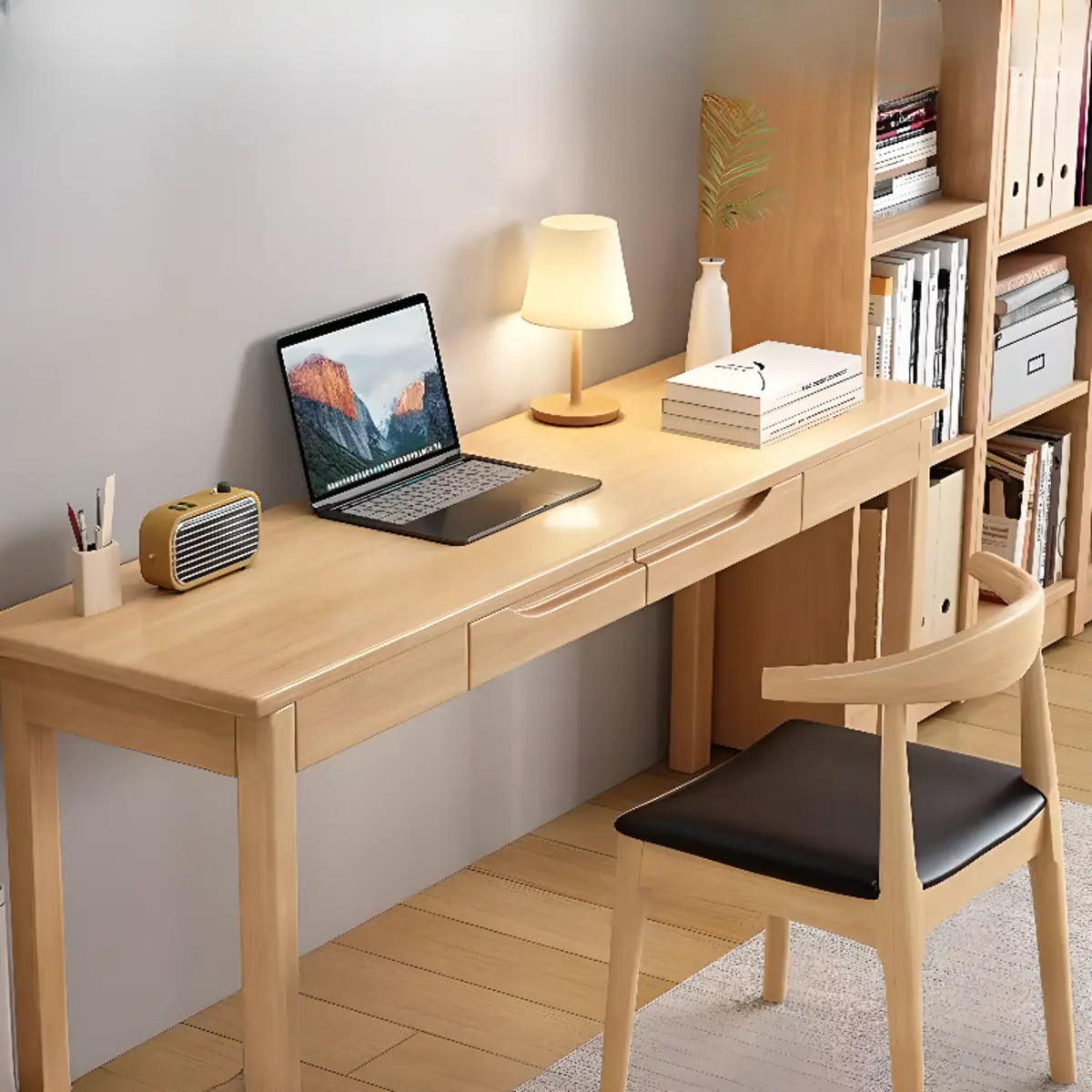 Bedroom Rubberwood Nut-Brown Computer Desk Set with Drawers Image - 1