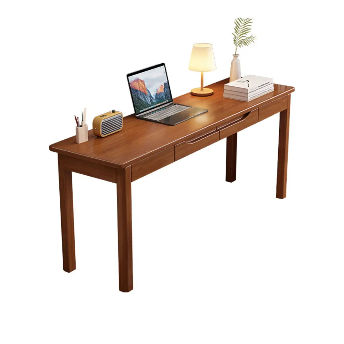 Bedroom Rubberwood Nut-Brown Computer Desk Set with Drawers Image - 3