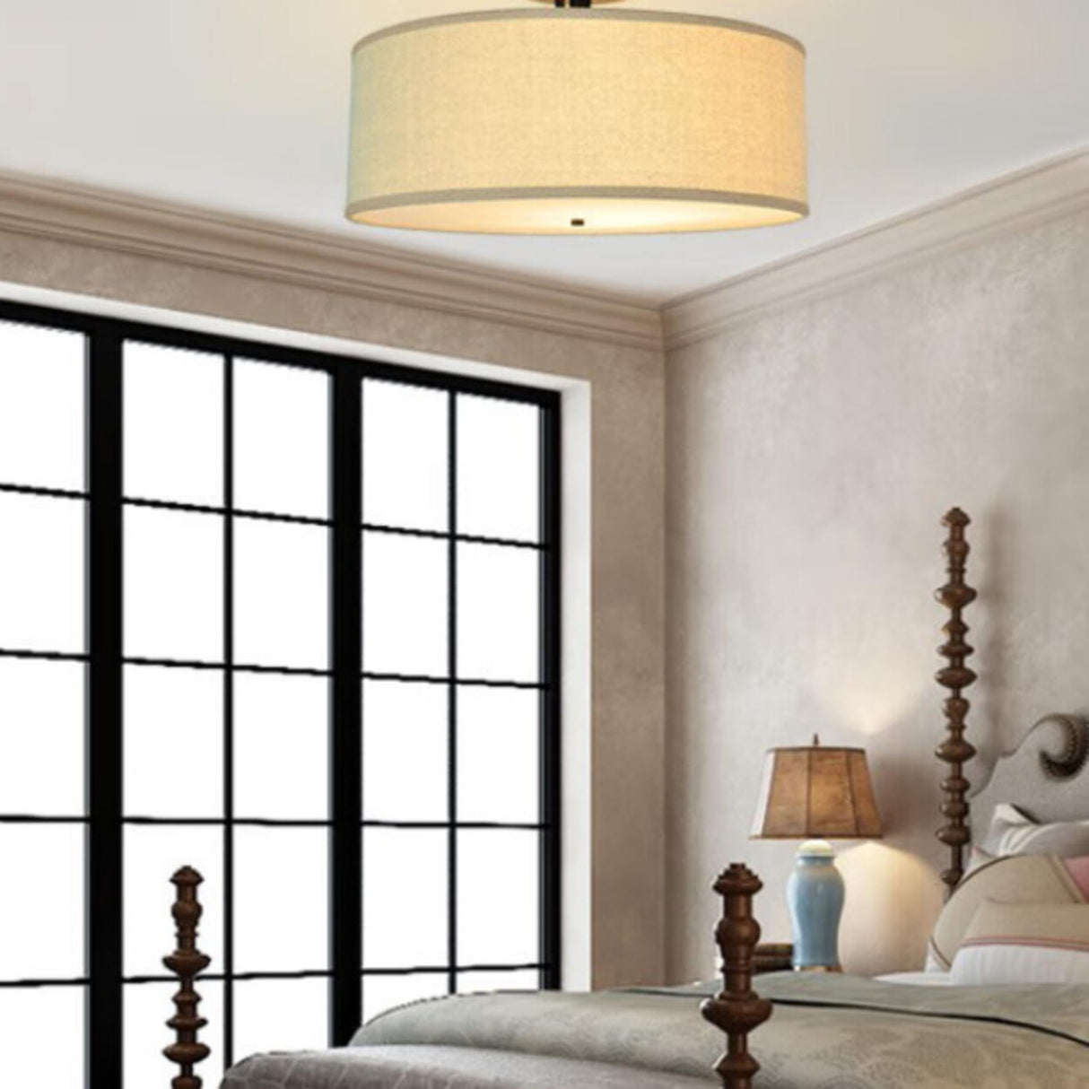 Bedroom Rustic Fabric Drum Semi-Flush Mount Light Image - 3