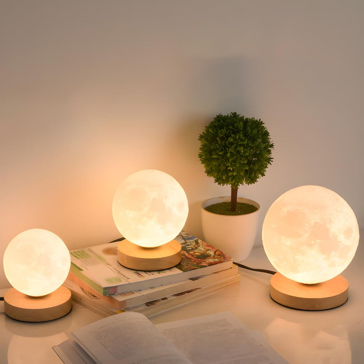 Bedroom Simple Moon Shape LED Wooden Base Table Lamp Image - 1