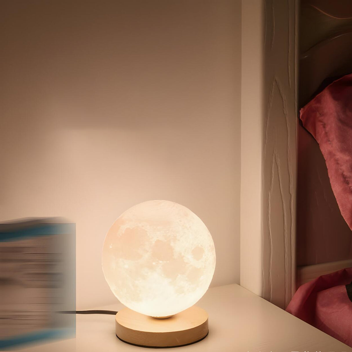 Bedroom Simple Moon Shape LED Wooden Base Table Lamp Image - 5