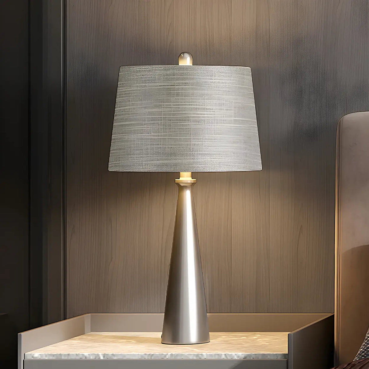 Bedroom Simple Tapered Fabric Drum Shade Table Lamp Image - 2