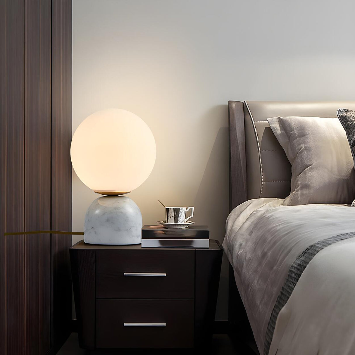 Bedroom Simple White Globe Shade Marble Base Table Lamp Image - 1