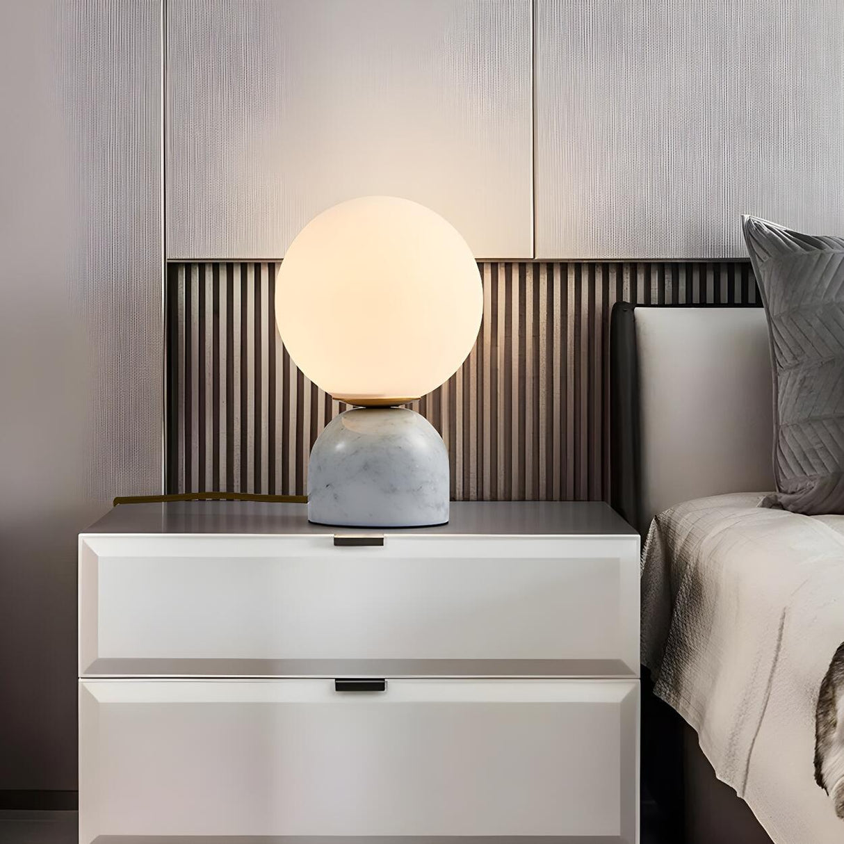 Bedroom Simple White Globe Shade Marble Base Table Lamp Image - 5