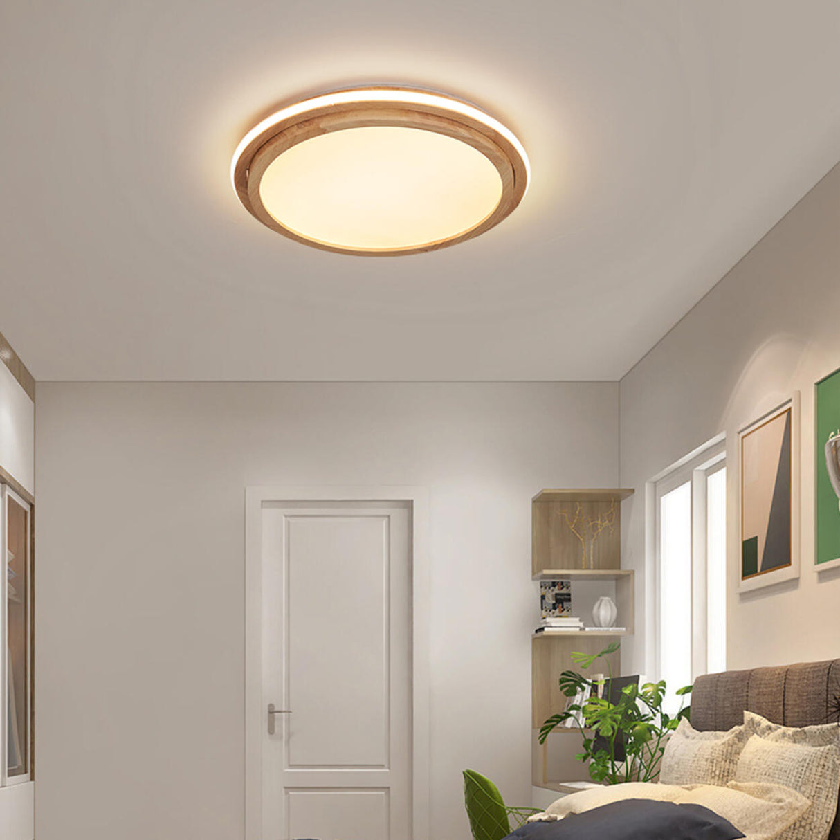 Bedroom Simplistic Wood Circle Flush Mount Ceiling Lamp Image - 3