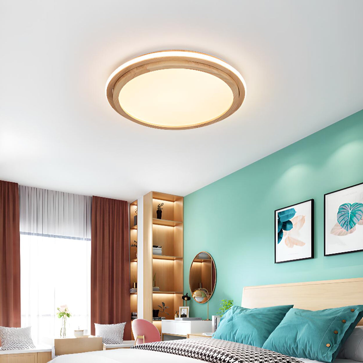 Bedroom Simplistic Wood Circle Flush Mount Ceiling Lamp Image - 6