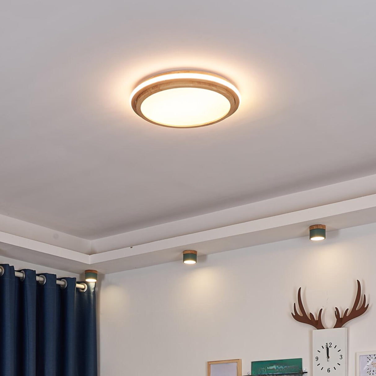 Bedroom Simplistic Wood Circle Flush Mount Ceiling Lamp Image - 7