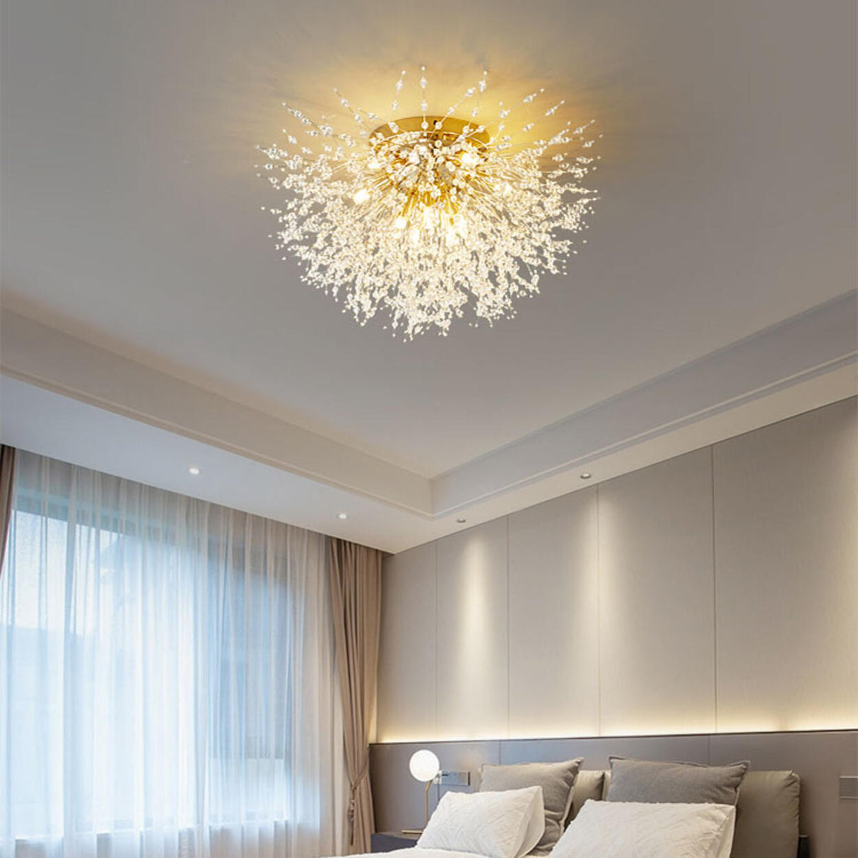 Bedroom Starburst Gold Crystal Semi-Flush Mount Light Image - 4