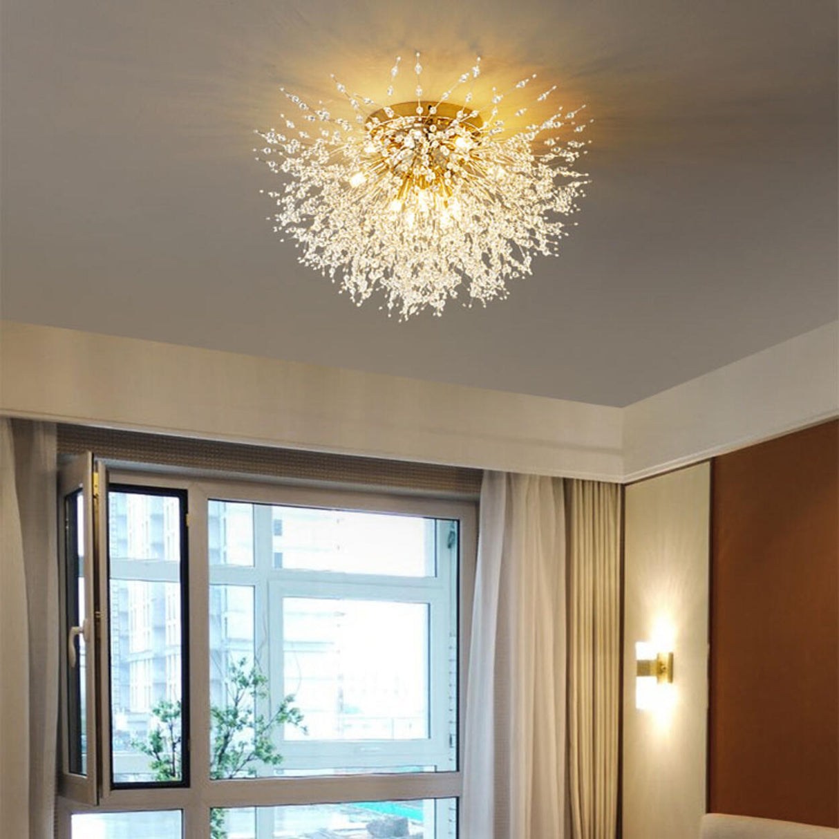 Bedroom Starburst Gold Crystal Semi-Flush Mount Light Image - 5