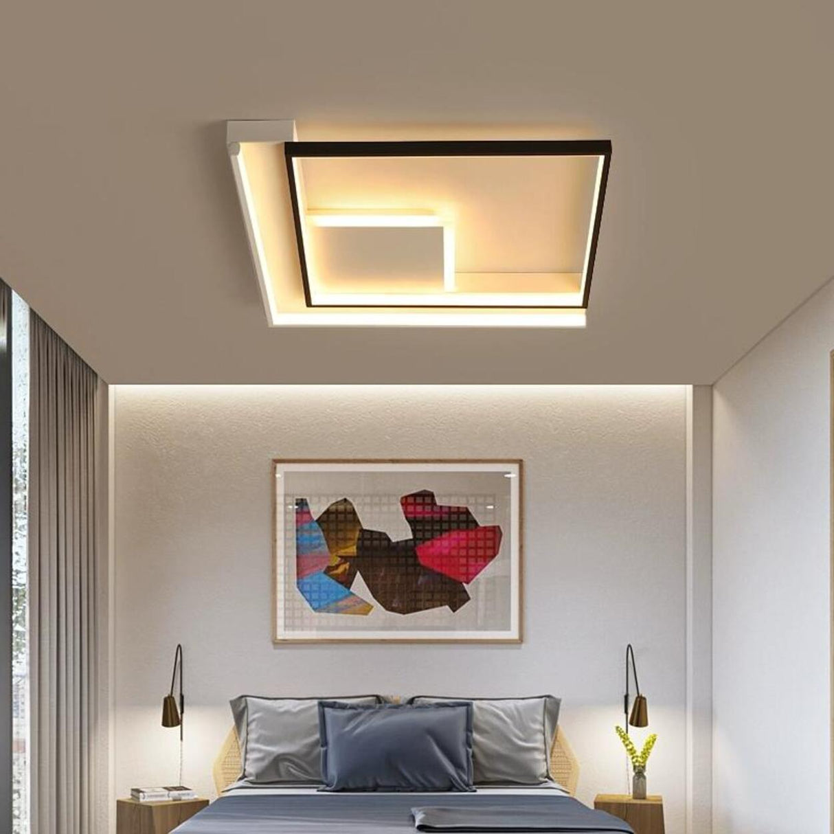 Bedroom Stylish Black-White Square LED Flush Mount Lamp Image - 2